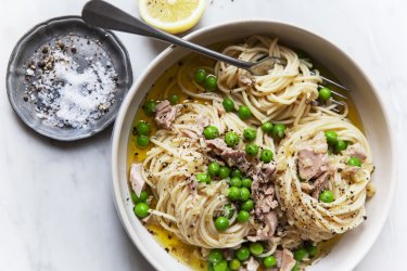 Adam Liaw's canned tuna and frozen pea spaghetti recipe.