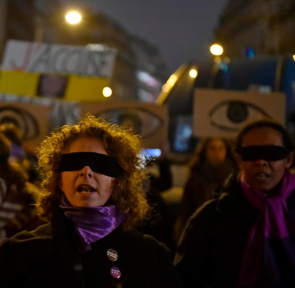 PARIS, FRANCE - FEBRUARY 28: Feminist activists participate in a flash mob in front of the riot police next to the Cesar Film Awards Ceremony to protest against the nominations of Roman Polanski's film 'An officer and a spy' on February 28, 2020 in Paris, France. Roman Polanski announced he will not attend the ceremony for fear of a public lynching by feminist activists. (Photo by Aurelien Meunier/Getty Images)