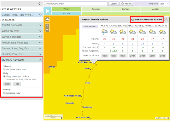 An example showing the UV forecast in MetEye