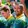 Michael Hooper (centre) and Kurtley Beale in the Indigenous jerseys the Wallabies will wear against Uruguay.