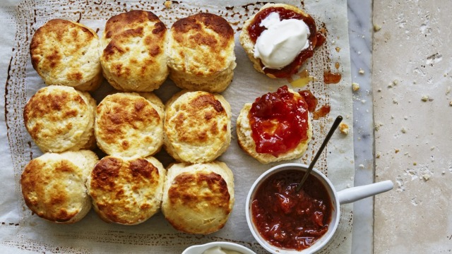 Buttermilk scones with jam and cream.