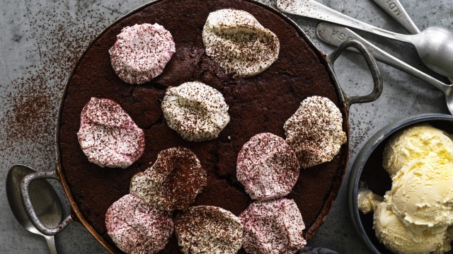 Hot chocolate pudding with toasted marshmallows.