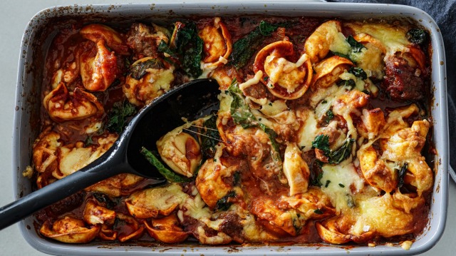 Sausage, kale and tortellini pasta bake. Comfort food batch cooking recipes for Good Food, March 2020. Images and ...