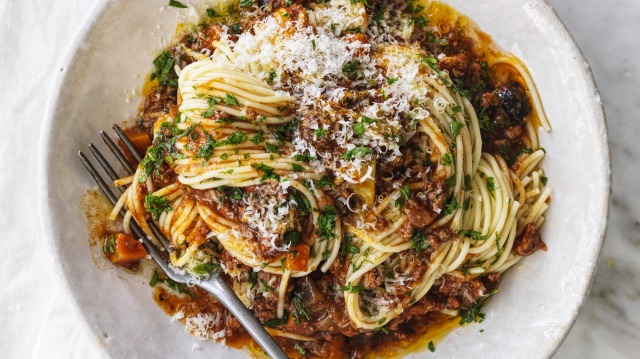 Sneak plenty of vegies into this 50/50 bolognese sauce.