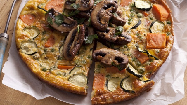 Sweet potato frittata with pan-roasted mushrooms.