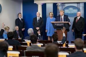 President Donald Trump listen’s to a reporter’s question at the coronavirus (COVID-19) update briefing Friday, March 27, 2020, in the James S. Brady Press Briefing Room of the White House.