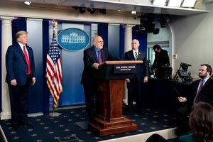 Dr. Robert R. Redfield, director of the Centers for Disease Control and Prevention, addresses his remarks at a coronavirus update briefing Wednesday, April 22, 2020, in the James S. Brady Press Briefing Room of the White House