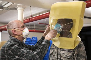 Capt. Nathan Horwitz-Willis, Force Health Protection Officer, Massachusetts National Guard Joint Task Force Surgeon, goes through a mask fitting test with Mr. Bowen Jackson, a specialist from Safety, Inc., Tewksbury Hospital, Mass., April 21, 2020, in support of the Massachusetts National Guard’s Coronavirus COVID-19 response efforts.