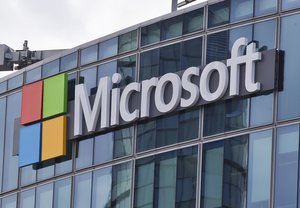 This April 12, 2016, file photo shows the Microsoft logo in Issy-les-Moulineaux, outside Paris, France