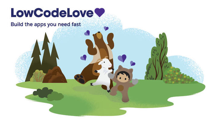 LowCodeLove Build the apps you need fast. With an image of Codey, Cloudy, and Astro dancing on the grass surrounded by purple hearts. 