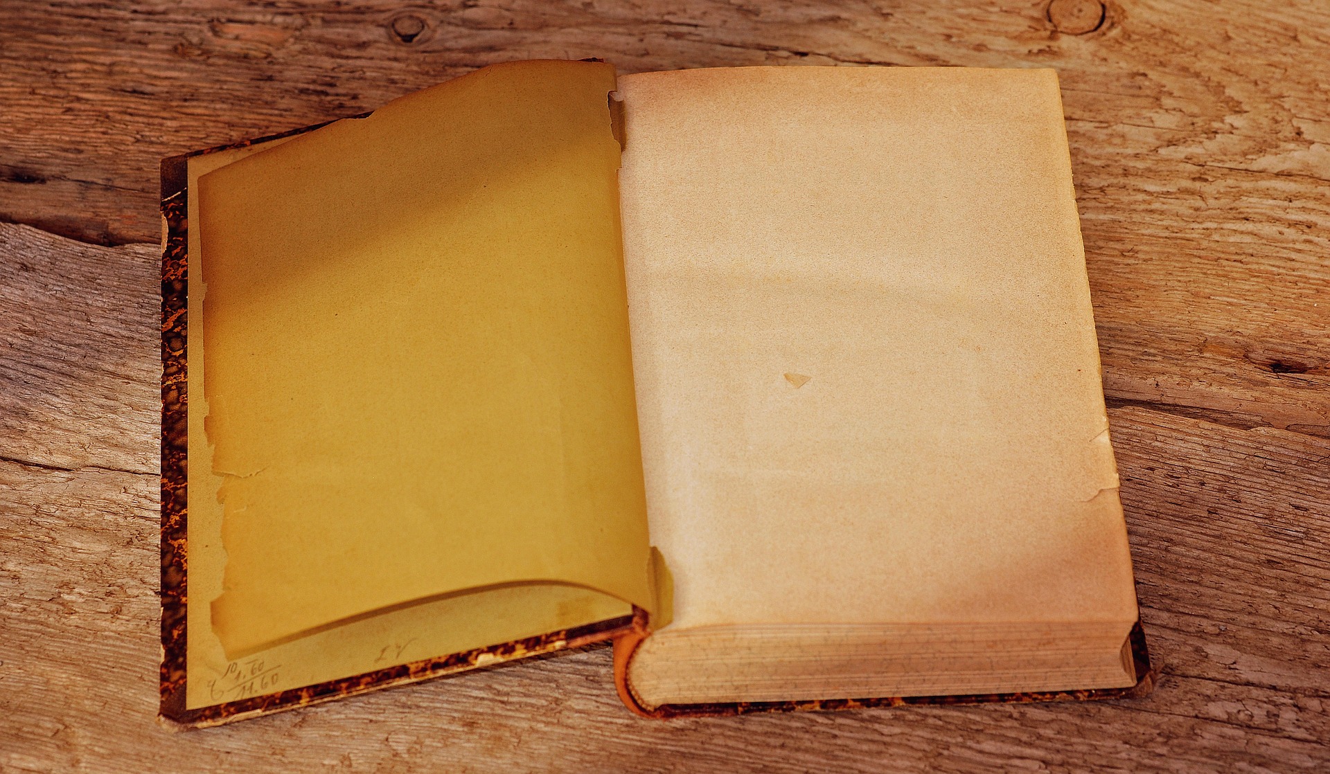 Blank open book on plain wooden table