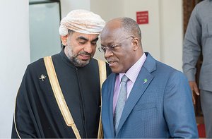 File - Tanzanian President John Magufuli with Omani Ministry of Foreign Affairs advisor Dr. Salem Al Ismaily in Dar es Salaam, Tanzania.