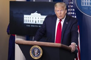 President Donald Trump speaks with reporters about the coronavirus in the James Brady Press Briefing Room of the White House, Friday, May 22, 2020, in Washington.