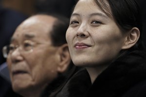 In this Feb. 10, 2018 file photo, Kim Yo Jong, sister of North Korean leader Kim Jong Un, right, and North Korea's nominal head of state Kim Yong Nam, wait for the start of the preliminary round of the women's hockey game between Switzerland and the combined Koreas at the 2018 Winter Olympics in Gangneung, South Korea.