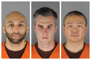 This combination of photos shows J. Alexander Kueng, from left, Thomas Lane and Tou Thao charged  for murder of George Floyd