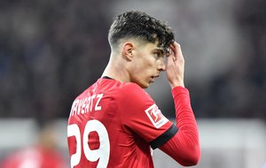 Leverkusen's Kai Havertz reacts during the German Bundesliga soccer match between Bayer Leverkusen and Fortuna Duesseldorf in Leverkusen, Germany, Sunday, Jan. 26, 2020.