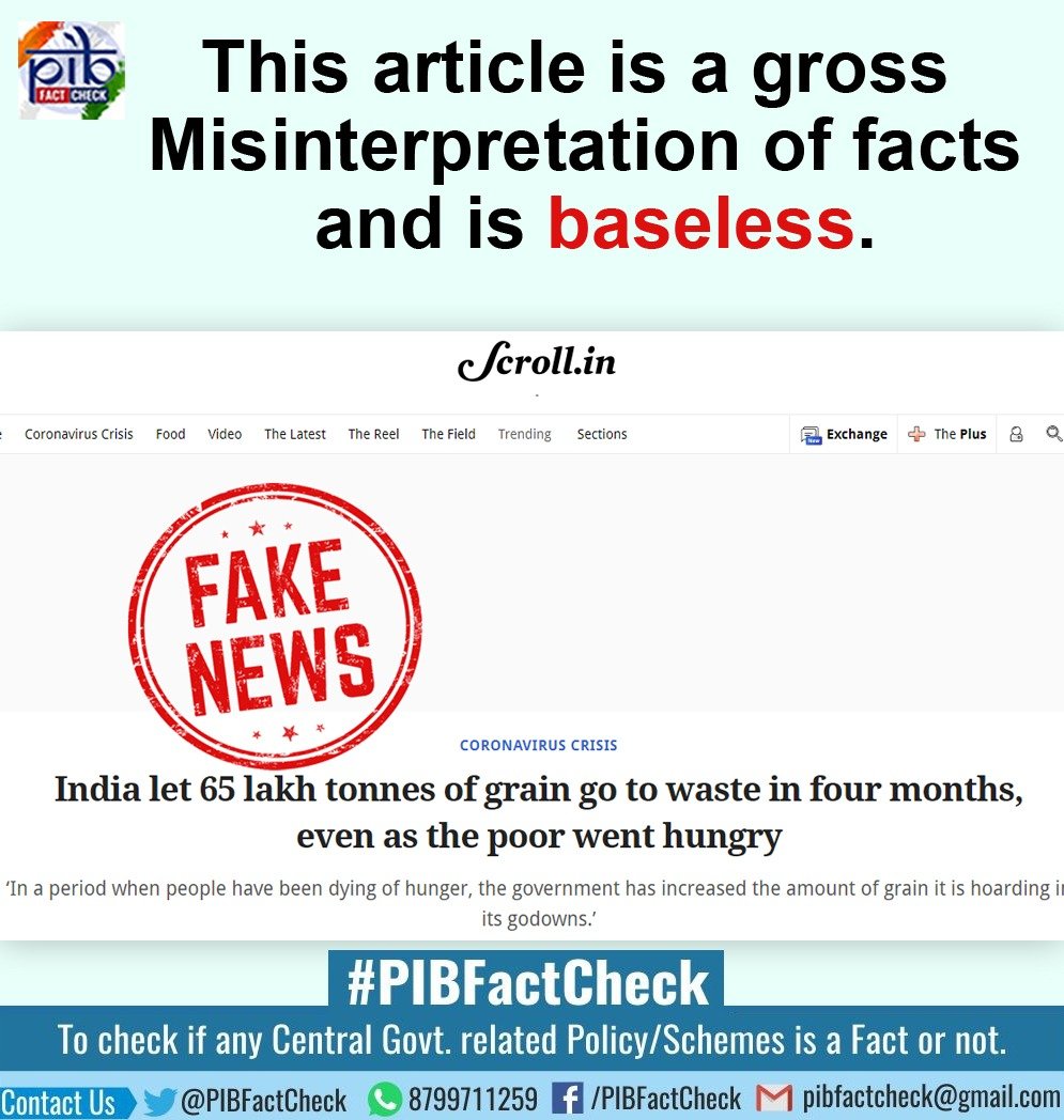 A stamp with the words fake news on a report by Scroll.in. In the report,it is being claimed that India let 65 lakh tonnes of grains go waste from January to May 2020