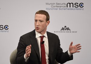 File - Facebook CEO Mark Zuckerberg speaks on the second day of the Munich Security Conference in Munich, Germany, Saturday, Feb. 15, 2020.