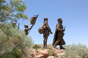 This bronze statue of Don Juan de Oñate leading a group of Spanish settlers from an area near what is now Ciudad Chihuahua, Mexico, to what was then the northern most province of New Spain in 1598 stands outside the Albuquerque Museum in Albuquerque, N.M., on Friday, June 12, 2020