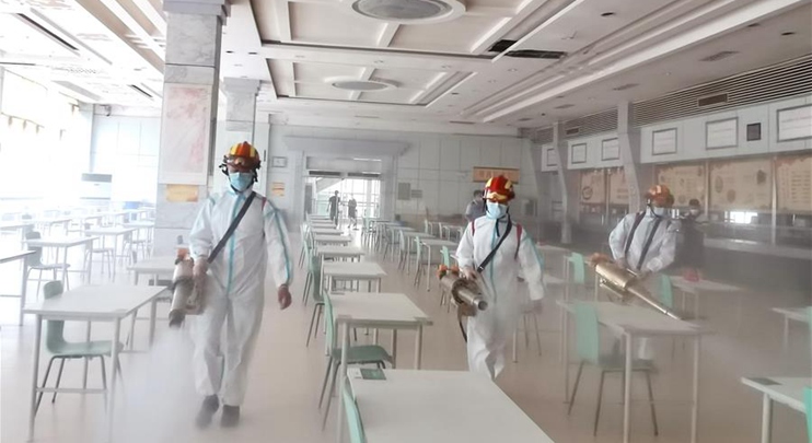 Firefighters conduct disinfection in China Three Gorges University ahead of students' return