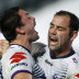 Brandon Smith celebrates a try with Cameron Smith in the Storm's win over the Knights. 