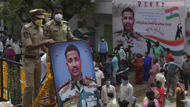 Mourners take part in a funeral procession for Colonel Santosh Babu, the most senior Indian officer killed in the clashes, in his home town of Suryapet, about 140 kilometres from Hyderabad, on Thursday.