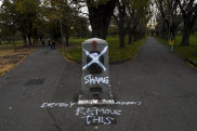 The defaced statue of Captain Cook in the Edinburgh Gardens, North Fitzroy.