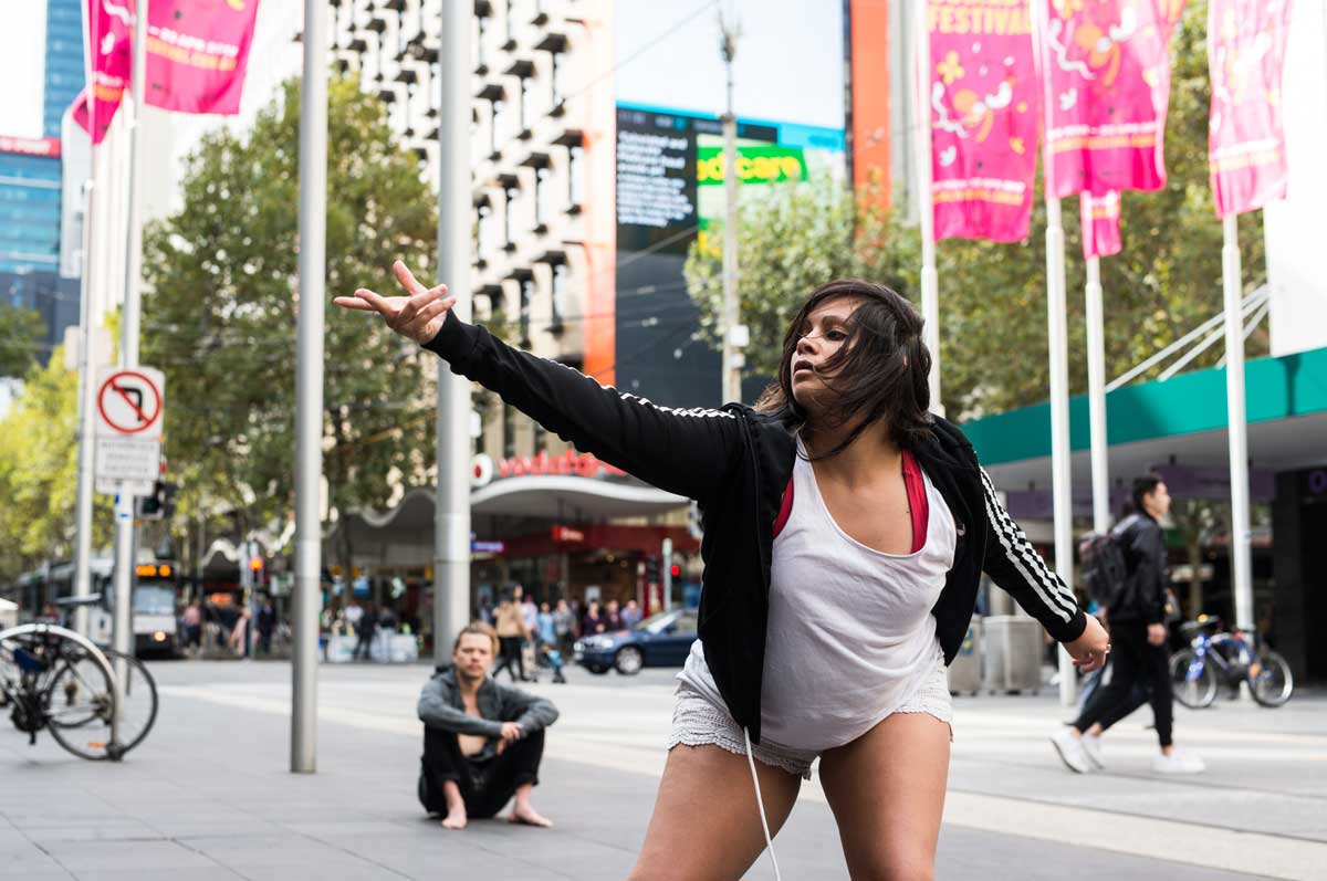 The artist dancing at Bourke Street Mall