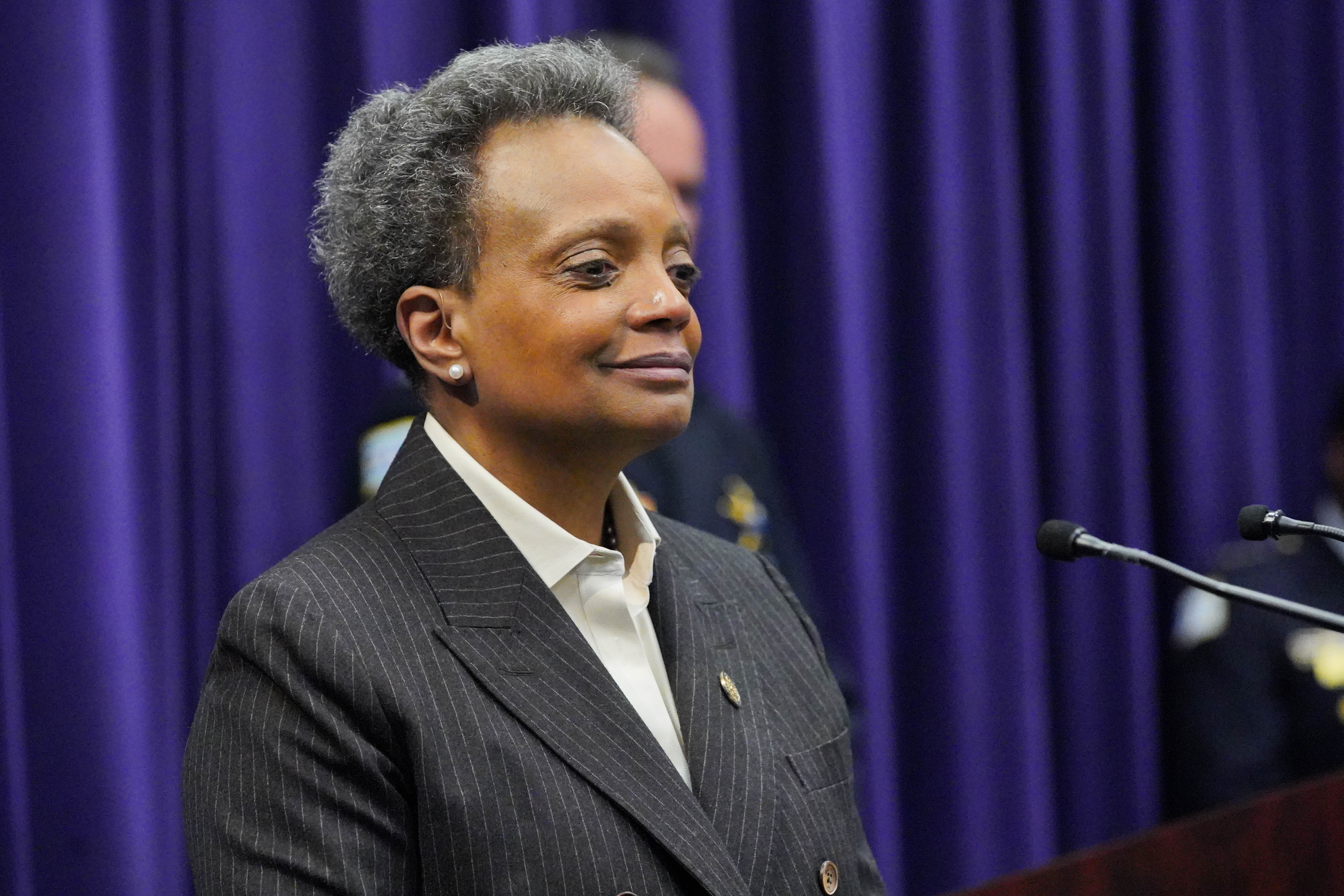 Mayor Lori Lightfoot at a news conference in April. 