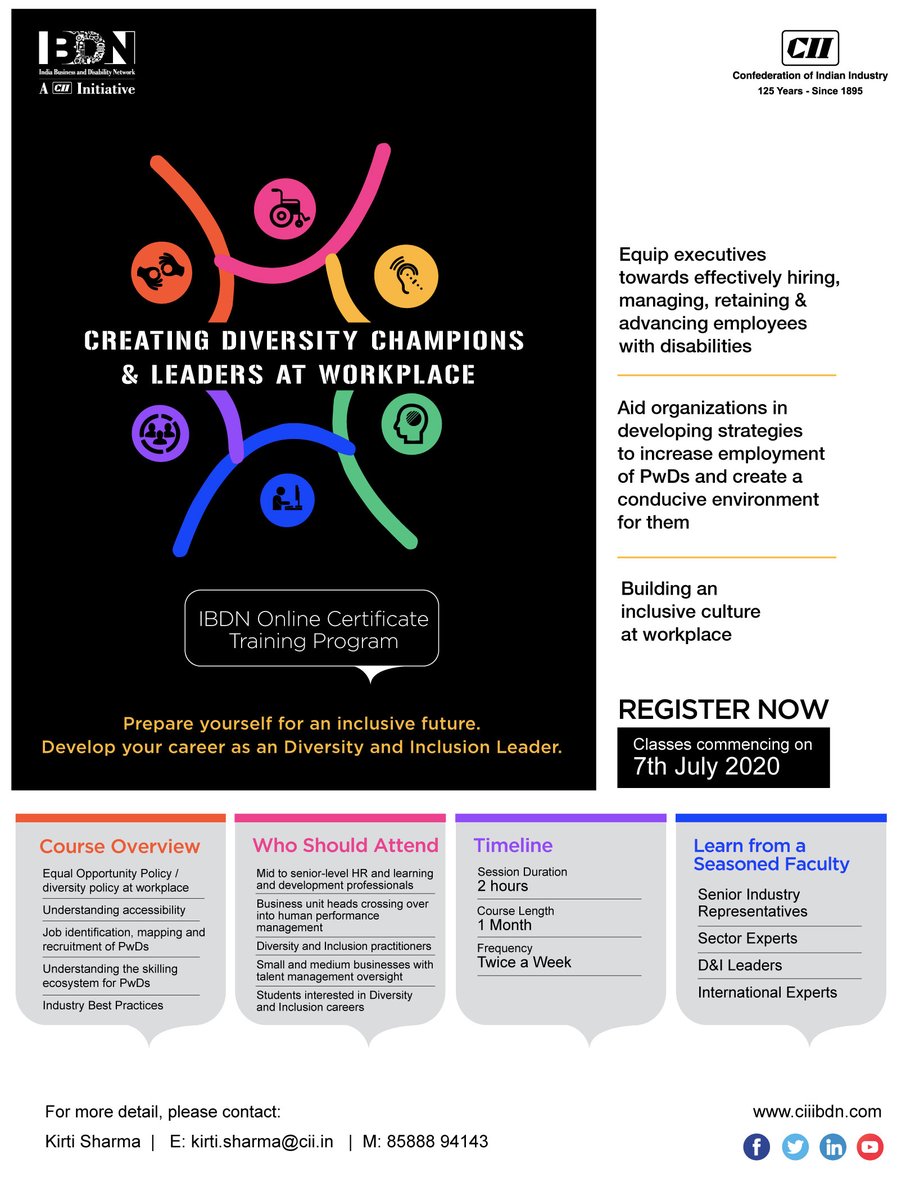 Creating Diversity Champions & Leaders at Workplace 
Last date to register - 2nd July 2020. Classes commence - 7th July 2020. Learn with industry and sector experts 