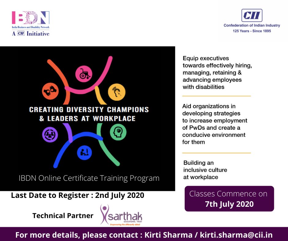 IBDN online training program–Creating Diversity Champions & Leaders at Workplace. Classes commence on 7th July 2020. Last date to register is 2nd July 2020.