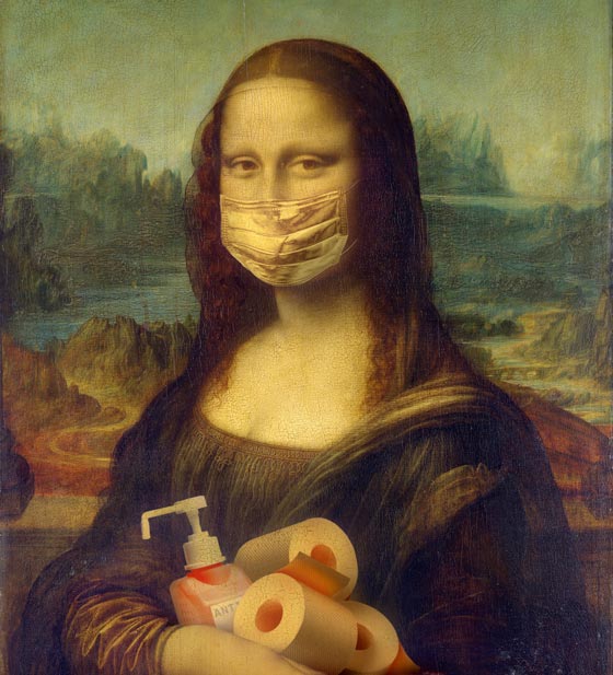 Mona Lisa wearing a face mask (with hand sanitizer and toilet paper in hands). Photo by Yaroslav Danylchenko from Pexels (https://www.pexels.com/photo/mona-lisa-protection-protect-virus-4113084/)