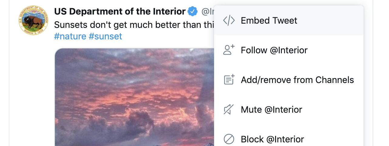 Twitter.com embedded Tweet menu item