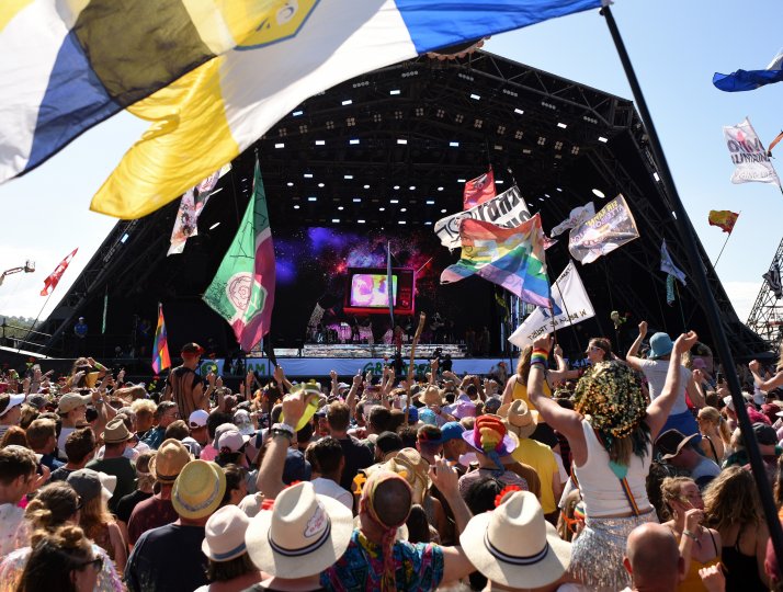 Revellers cheer as Australian singer Kylie performs at Glastonbury Festival 2019