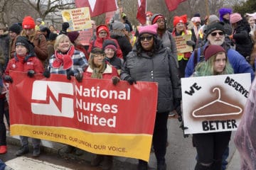 A contingent of National Nurses United members at the 2020 Womens March. Photo by Stephen Melkisethian on Flickr.