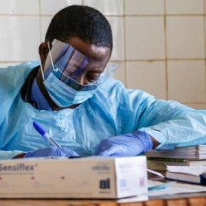 Dr Asamte Fidel is one of the local Sierra Leonean doctors working at Connaught Hospital. The hospital was on the frontline of the Ebola epidemic when it hit in Freetown, Sierra Leone. Credit: Simon Davis/DFiD