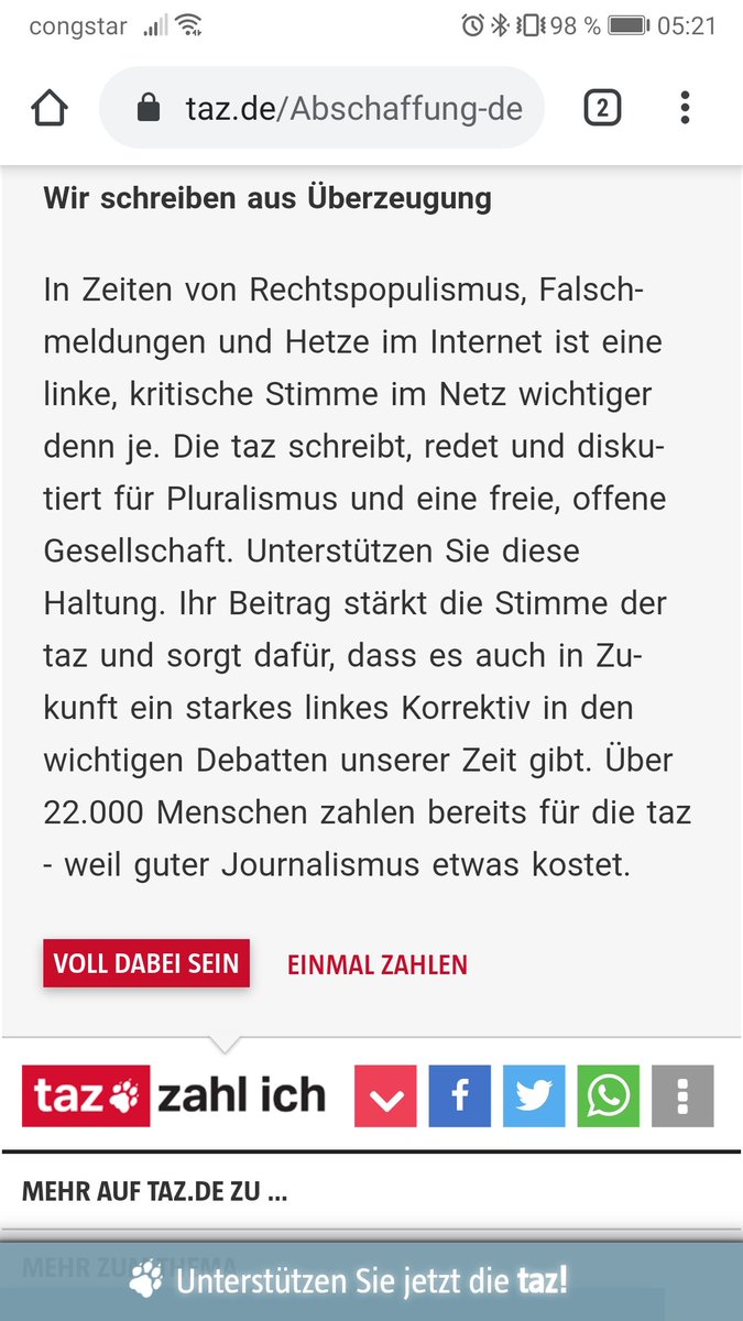 Screenshot vom Aufruf, sich an "taz zahl ich" zu beteiligen mit der Begründung: "In Zeiten von Rechtspopulismus, Falschmeldungen und Hetze im Internet ist eine linke, kritische Stimme im Netz wichtiger denn je. Die taz schreibt, redet und diskutiert für Pluralismus und eine freie, offene Gesellschaft. Unterstützen Sie diese Haltung."