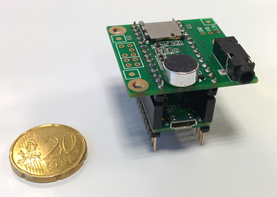 A microcontroller fitted with an electret microphone and a microSD card slot. It can record audio in real-time together with sensor data.