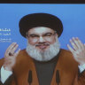 Hezbollah leader Hassan Nasrallah, via a video link seen in southern Beirut, Lebanon.