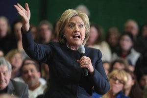 Hillary Clinton speaking with supporters at a town hall meeting in Manchester, New Hampshire