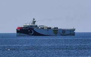 In this photograph taken from the Mediterranean shores near the city of Antalya, Turkey, a view of the research vessel Oruc Reis, Wednesday, July 22, 2020