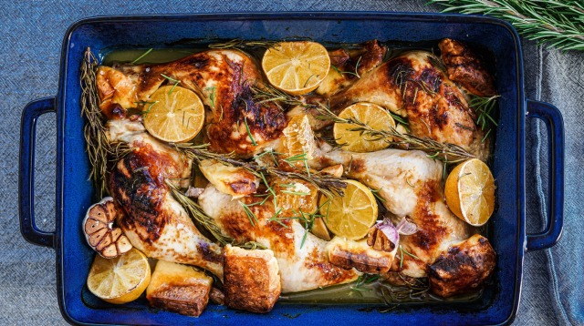 One pan chicken and haloumi bake with pepper honey. Minimal ingredient midweek recipes for Good Food June 2020. Please ...