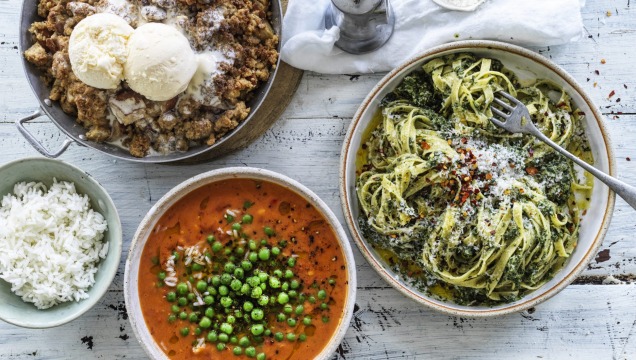 Hetty McKinnon's pear streusel; spicy tomato and coconut braised peas; and spinach and walnut pesto pasta.