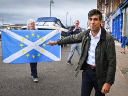 Nationalist demonstrators welcome Chancellor Rishi Sunak as he visits Rothesay on the Isle of Bute, Scotland on 7 August 2020.