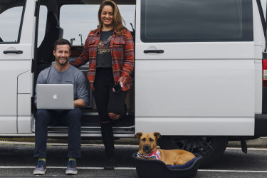 Dave Corsar and his partner Alicia Corsa with their dog 'Dude' at Freshwater headland. The two own a couple of F45 gyms and have been working remotely from their van and camping sites. Photographed Friday 14th August 2020. Photograph by James Brickwood. SMH NEWS 200814