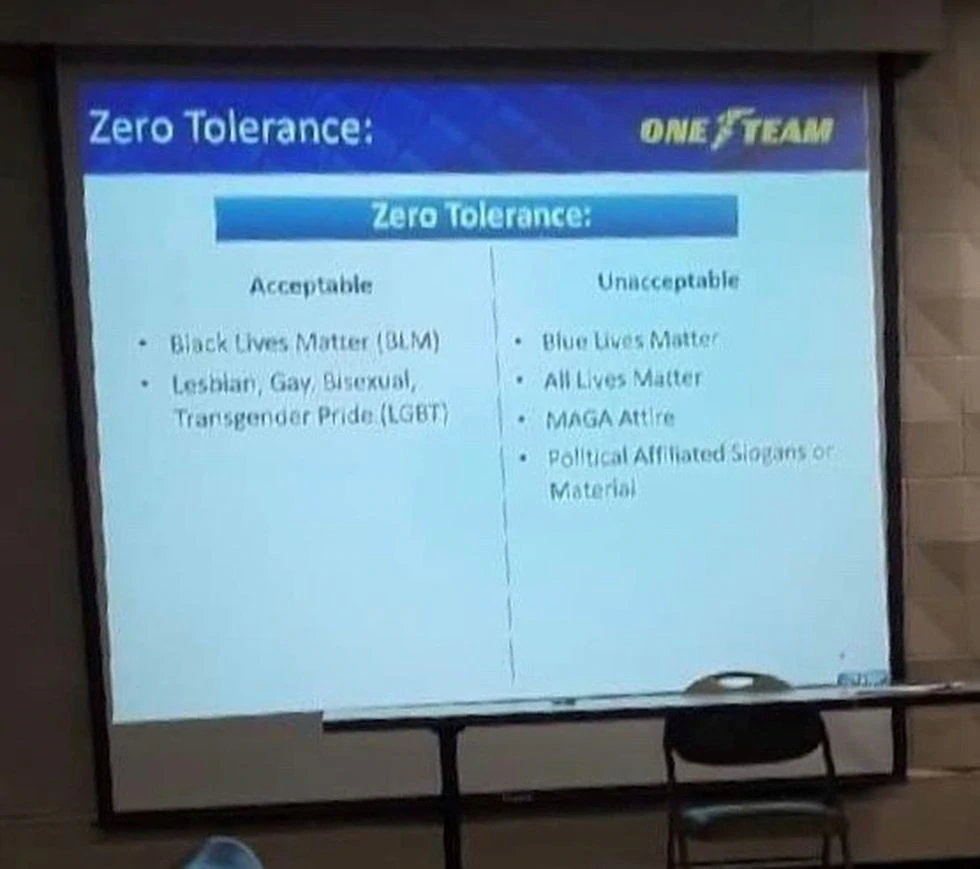 Slide that was presented during a diversity training showing what's acceptable and what isn't acceptable as part of Goodyear Tire and Rubber Company’s zero-tolerance policy.