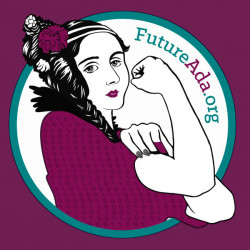 Artist depiction of Ada Lovelace framed by a circle with the text reading 'futureada.org'.