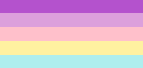 The N.L.A. flag. Five vertical stripes, from the top down: purple, lavender, pink, yellow, blue.