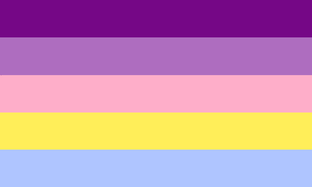 The trixic flag. Five vertical stripes, from top to bottom: Purple, lavender, pink, yellow, blue.