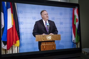 File - Michael Richard Pompeo, Secretary of State of the United States of America, briefs journalists at the Security Council Stakeout ,20 August 2020.